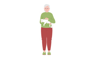 Senior woman cuddling cat semi flat color vector character