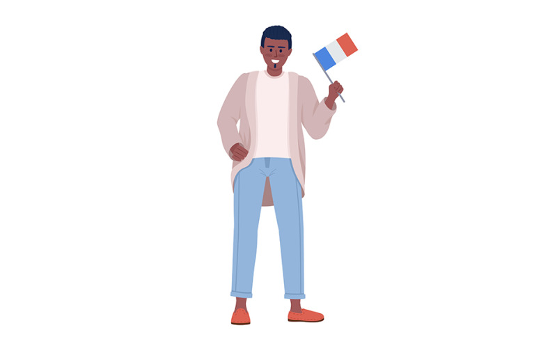 Smiling guy with French flag semi flat color vector character Illustration