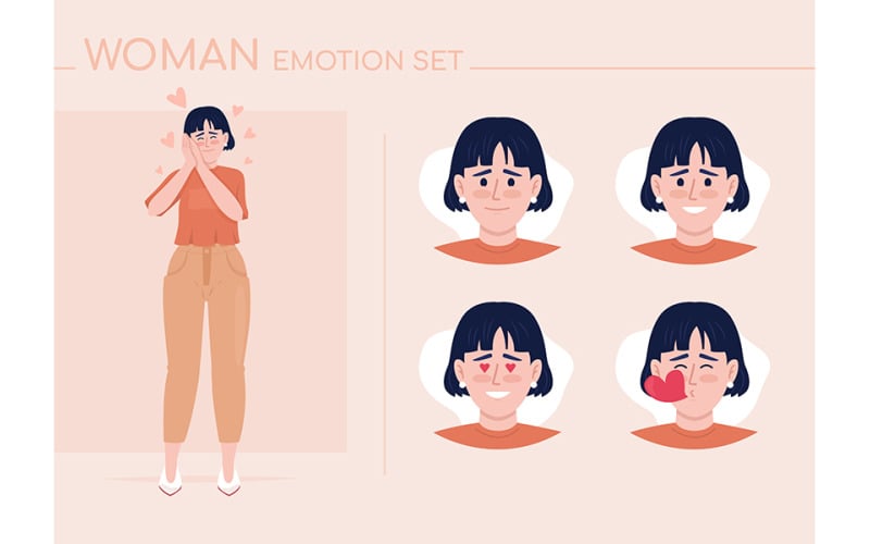 Young woman in love semi flat color character emotions set Illustration