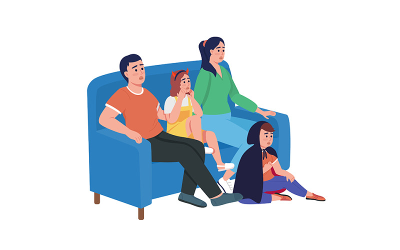 Family celebrating Halloween at home semi flat color vector characters Illustration