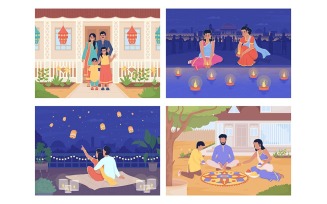 Celebrating Diwali with family flat color vector illustrations set