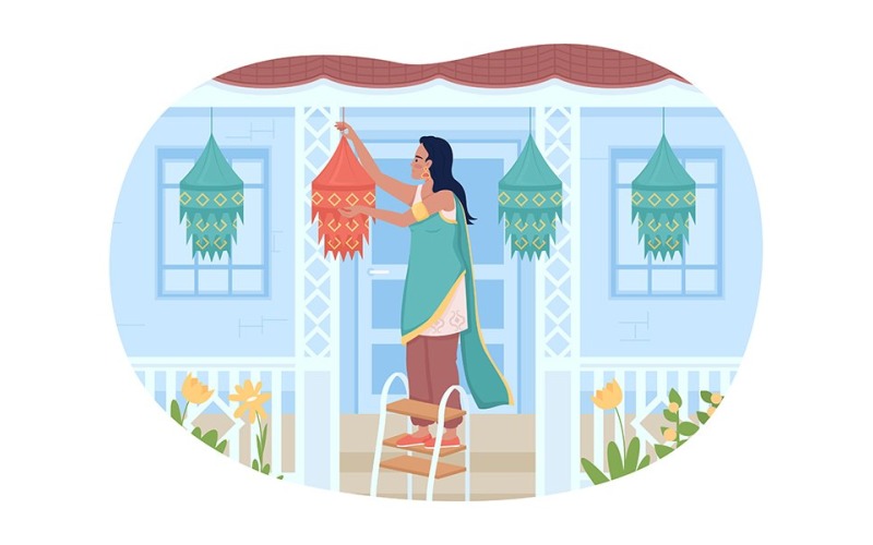 Decorating front porch for Diwali festival 2D vector isolated illustration Illustration