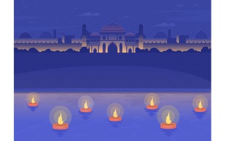 Diwali diyas floating in Ganges river flat color vector illustration