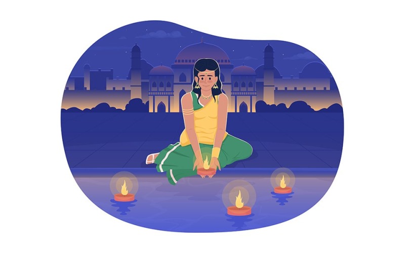 Diwali girl setting adrift diya on river 2D vector isolated illustration Illustration