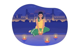 Diwali girl setting adrift diya on river 2D vector isolated illustration