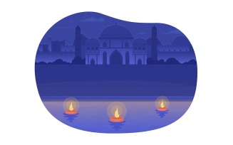 Jal Mahal palace and floating diyas 2D vector isolated illustration