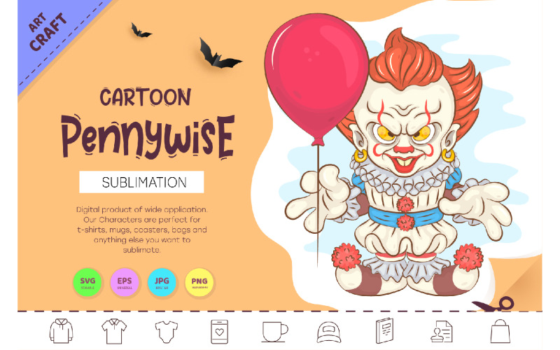 Cartoon Pennywise. Crafting, Sublimation. Vector Graphic