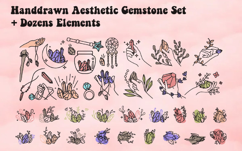 Handdrawn Aesthetic Gemstone Set + Dozens Elements Illustration