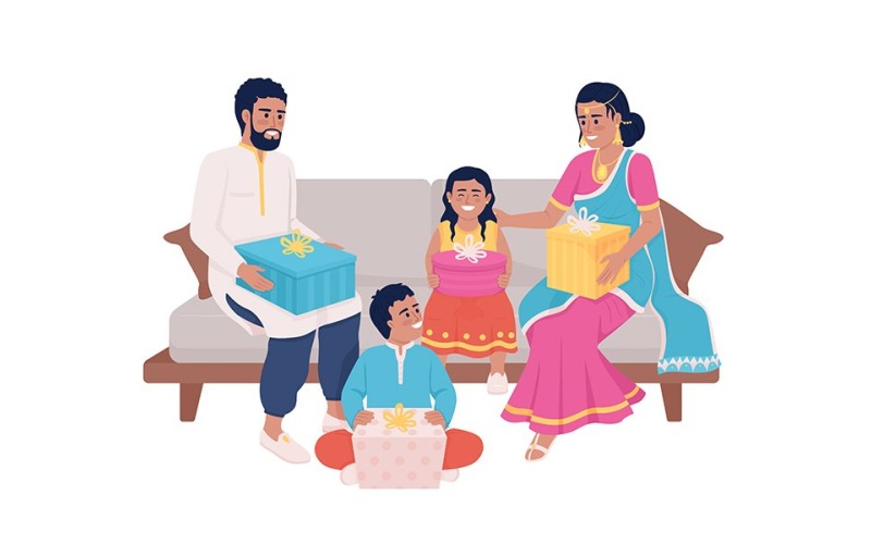 Family members exchanging gifts during festival semi flat color vector characters Illustration
