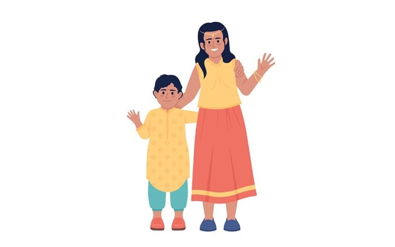 Siblings wearing clothes for indian festival semi flat color vector characters Illustration