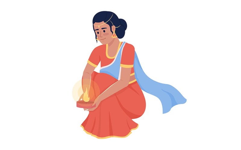 Woman in saree holding diya semi flat color vector character Illustration