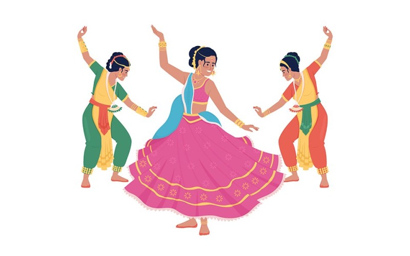 Women dancing on Diwali semi flat color vector characters Illustration