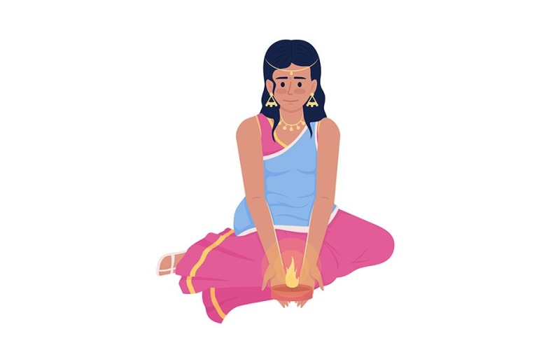 Young girl holding diwali candle semi flat color vector character Illustration
