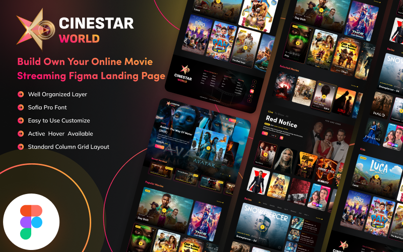 Cinestar World – Online Movie Streaming Figma Landing Template UI Element
