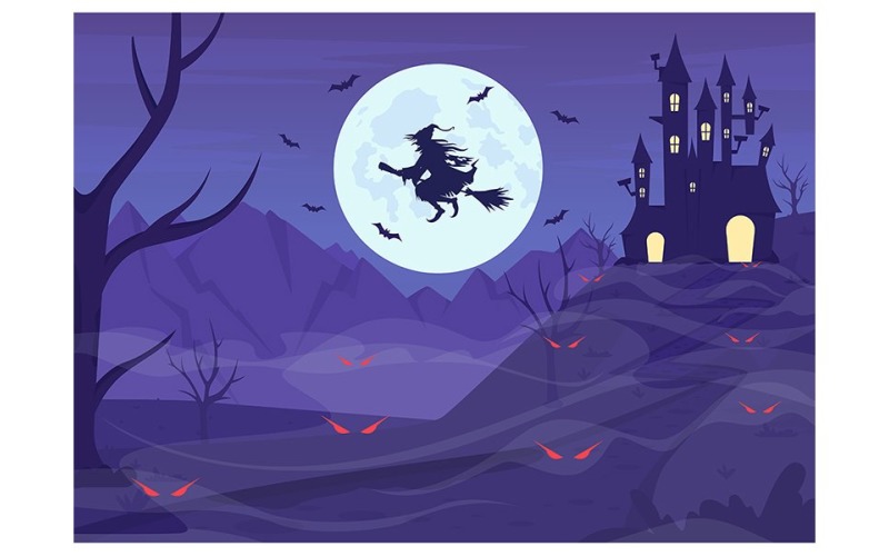 Flying witch on broomstick flat color vector illustration Illustration