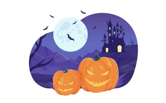 Halloween pumpkins with full moon 2D vector isolated illustration