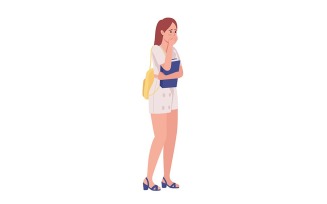 Confused woman with textbook semi flat color vector character