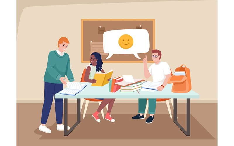 Students working together upon project flat color vector illustration Illustration