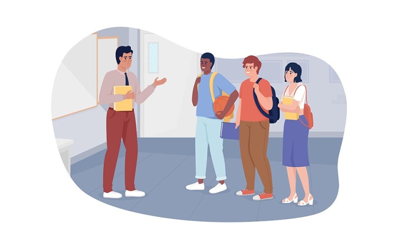 Teacher communicating with students 2D vector isolated illustration Illustration