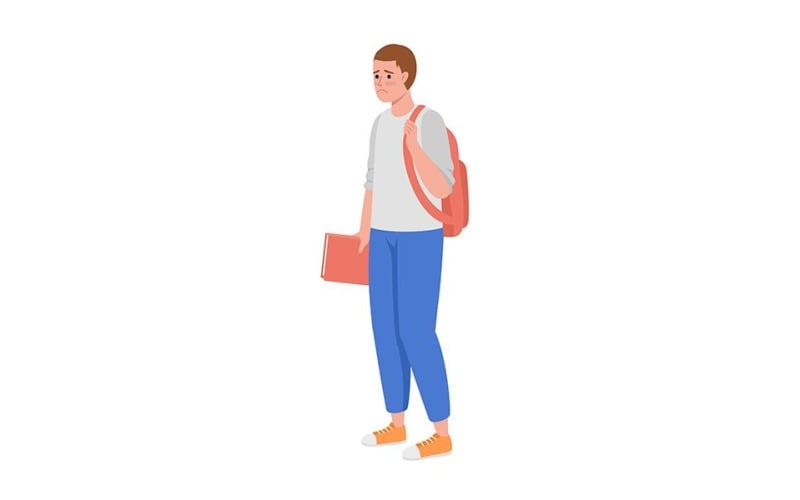 Upset student with backpack and textbook semi flat color vector character Illustration