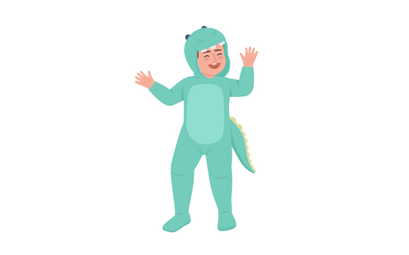 Cute boy in dinosaur costume semi flat color vector character Illustration