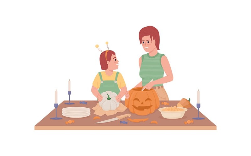 Making pumpkin decoration semi flat color vector characters Illustration