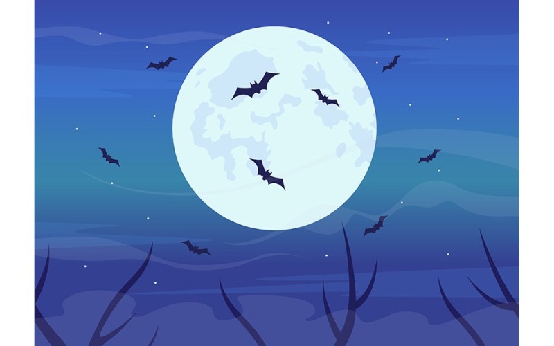 Bats flying in full moon flat color vector illustration Illustration