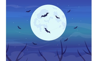 Bats flying in full moon flat color vector illustration