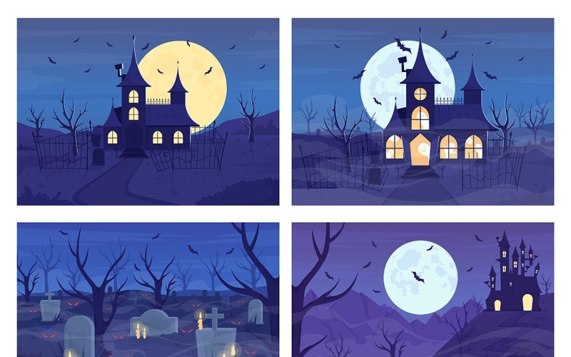 Creepy nighttime flat color vector illustration set Illustration
