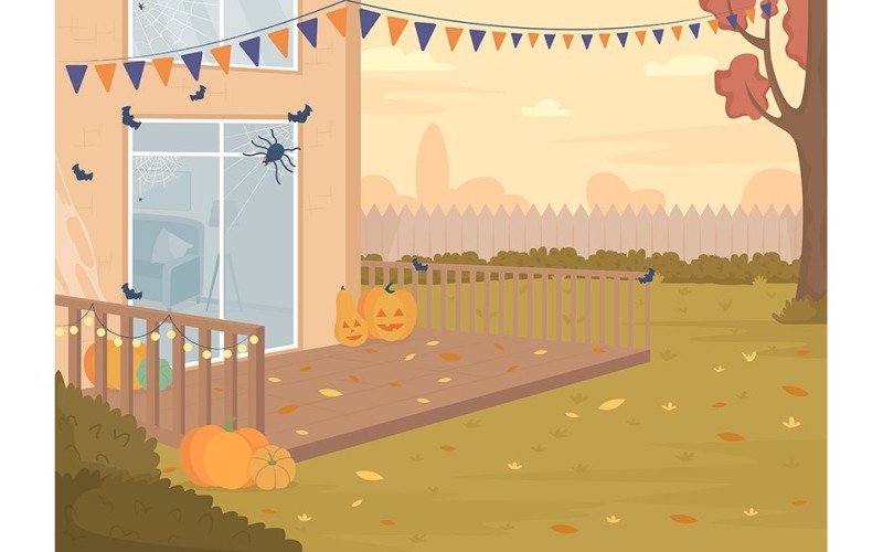 Halloween backyard party flat color vector illustration Illustration