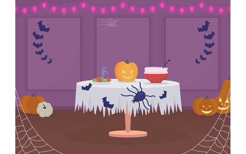 Halloween home party arrangement flat color vector illustration Illustration