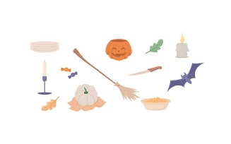 Halloween related semi flat color vector objects set