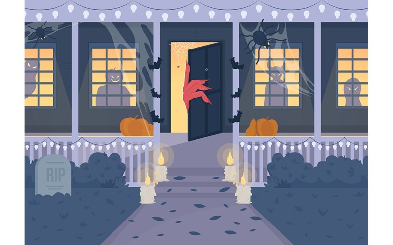 House with wicked monsters flat color vector illustration Illustration