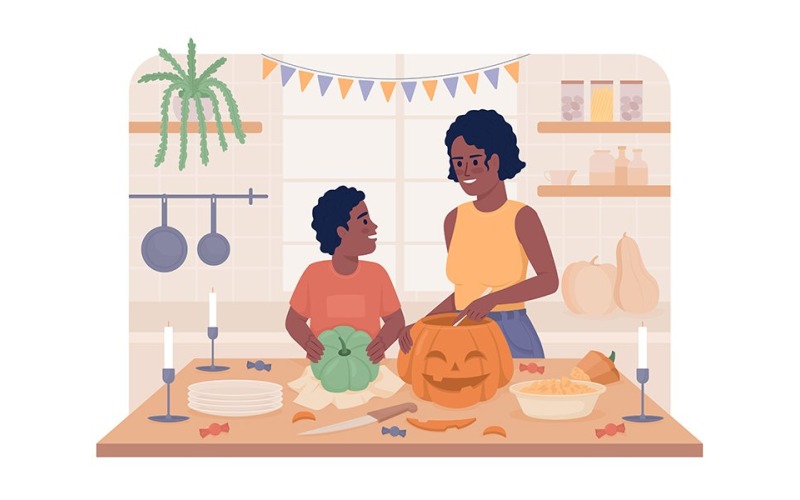 Making pumpkin lantern 2D vector isolated illustration Illustration