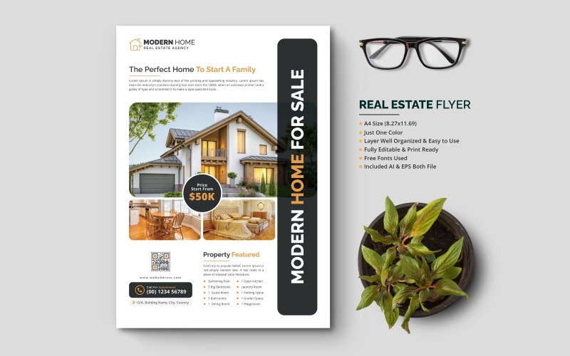 Real Estate Flyer, Modern Minimalist Real Estate Flyer Pamphlet Booklet Leaflet Design Corporate Identity