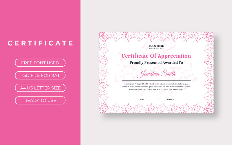 Jonathon Smith Pink Certificate Certificate Template