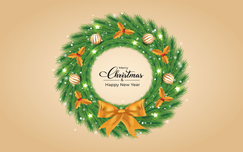 Christmas Green Wreath with Golden Balls Illustration