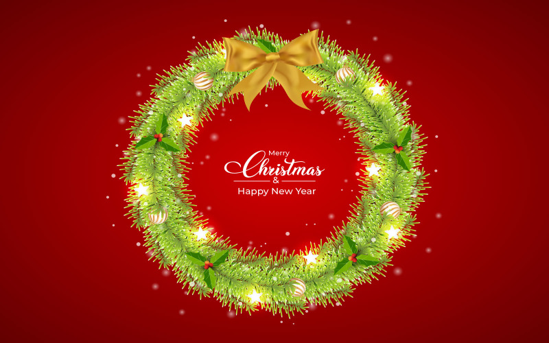 Christmas Pine Wreath with Golden Ribbon Illustration