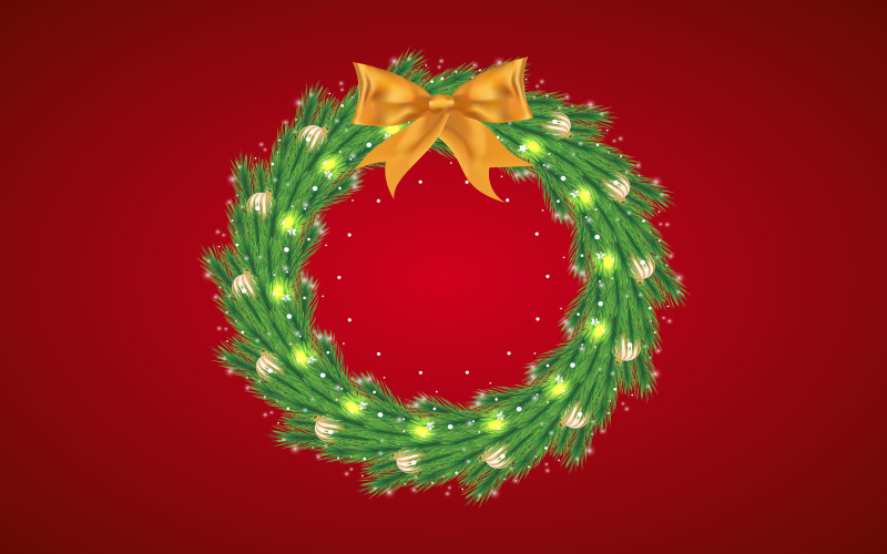 Christmas Green Wreath, Golden Ribbon Illustration