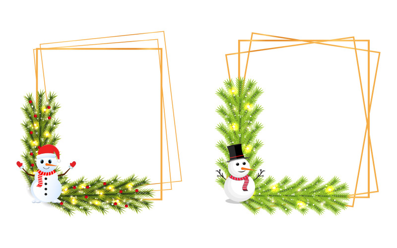 Christmas Frame with Cute Snowmen, Leaf Illustration