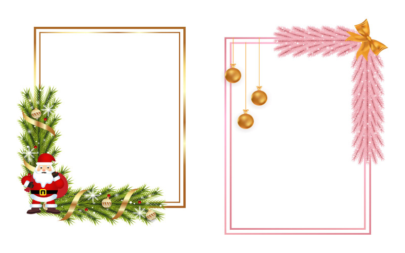 Christmas Frame with Santa, Pink Leaves Illustration