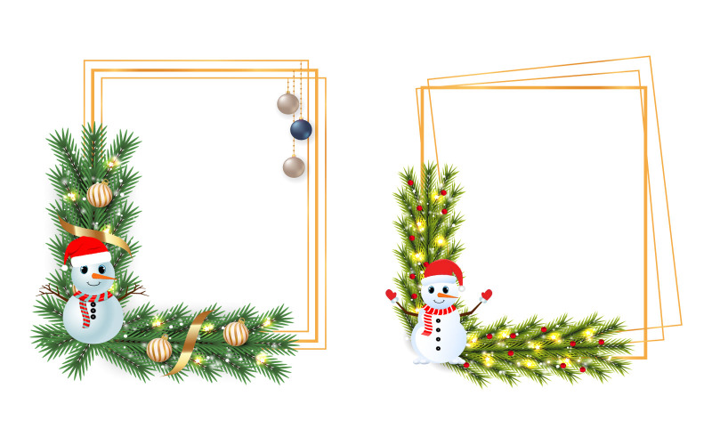 Christmas Golden Frame with Cute Snowmen Illustration