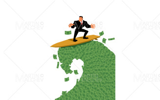 Businessman Riding Money Wave on White Vector Illustration