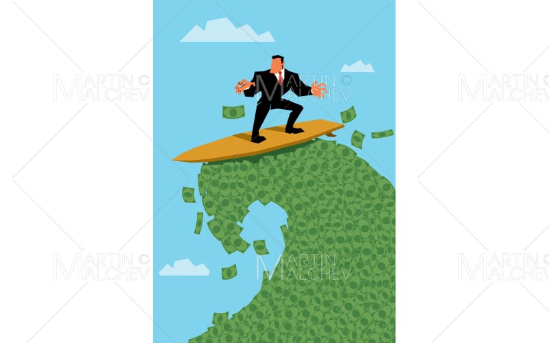 Businessman Riding Money Wave Vector Illustration