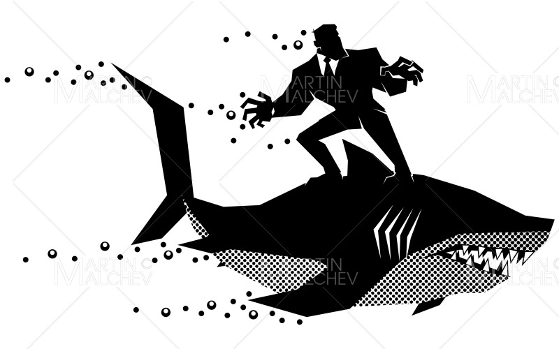 Businessman Riding Shark Black and White Vector Illustration