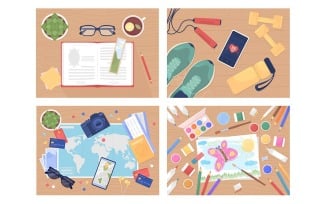 Daily activities flat color vector illustration set