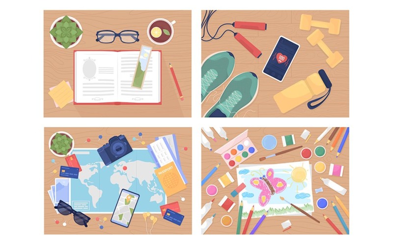 Daily activities flat color vector illustration set Illustration
