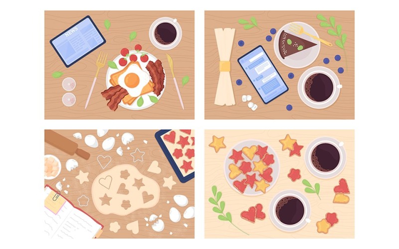 Eating and cooking flat color vector illustration set Illustration