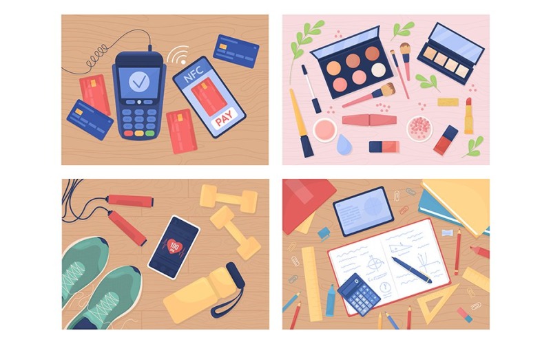 Tabletop with objects flat color vector illustration set Illustration