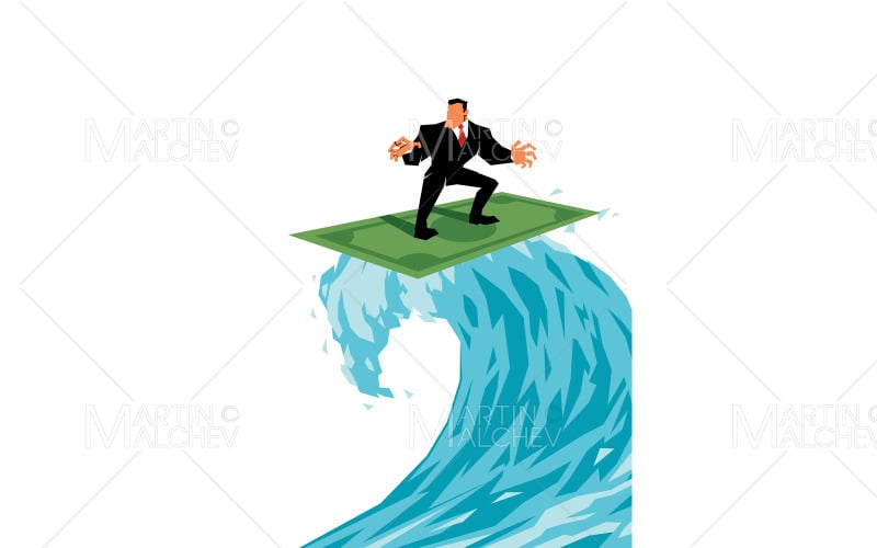 Businessman Surfing on Dollar on White Vector Illustration